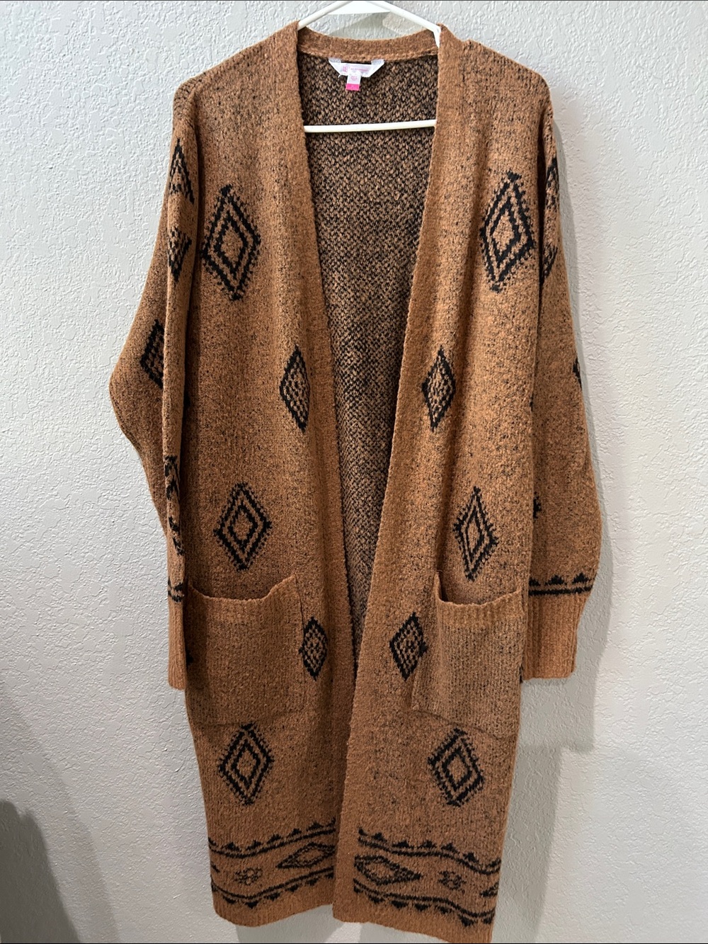 No Boundaries Brown Open-Front Diamond Pattern Cardigan